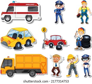 Sticker set of professions characters and objects illustration