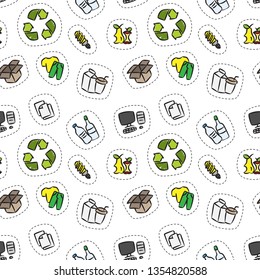 Sticker set with recycle sign vector seamless pattern. Clothes, energy-saving lamp, package box, cardboard package elements with recycle label concept. Goods for recycling (reuse) graphic design.
