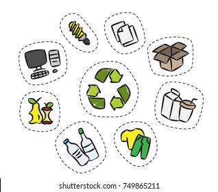 Sticker set with recycle sign vector illustration. Clothes, energy-saving lamp, package box, cardboard package elements with recycle label hand drawn concept. Goods for recycling graphic design.