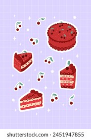 Sticker set with red cakes and cherries. Vector flat illustration of berries and slices of cakes