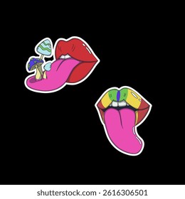 Sticker set of red and multicolored lips with tongues sticking out, including one tongue with mushrooms growing on it. Surreal, psychedelic design with vibrant colors and whimsical details