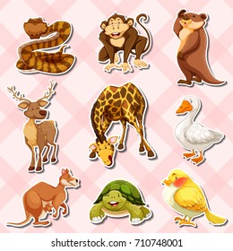 Sticker set with reptiles and other animals illustration
