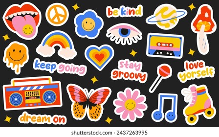 Sticker set of retro 70s groovy hippy elements. Cute colorful mushroom, butterfly, daisy flowers, heart, peace sign, rainbow, cassette tape etc isolated on black background.