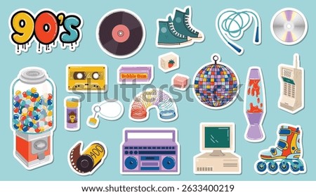 Sticker set with retro 90s vibe featuring colorful cartoon toys, candies, and gadgets in flat style. Fun nostalgic collection perfect for kids, teens, scrapbooking, or playful design projects.