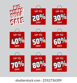 Sticker set sale. Discount percentage sticker. Price tag bag. Up to percent off. Red labels discount percentage. Isolated on white background