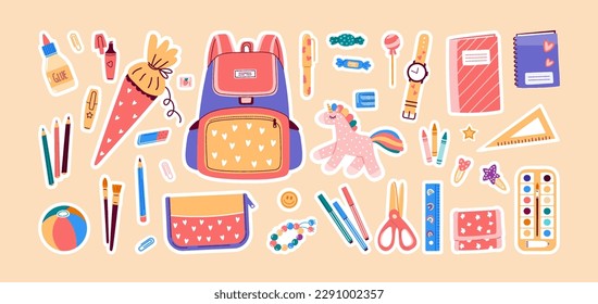 Conjunto de etiquetas de objetos de papel escolares.Colección de suministros como regla, lápiz, mochila.Volver al concepto de escuela.Ilustración vectorial en estilo plano aislada en fondo blanco