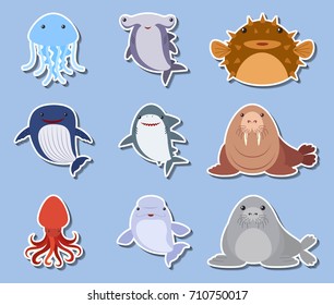 Sticker set with sea animals on blue background illustration