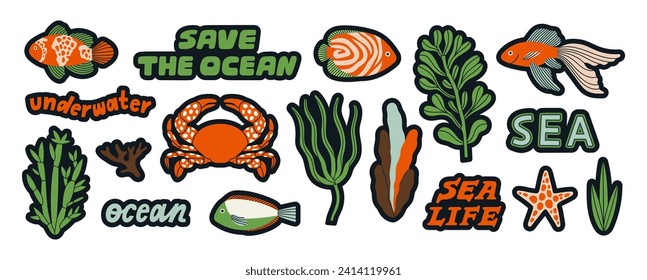 Sticker set with sea creatures – crab, starfish, coral, plants and fish. Underwater and sea life concept. Hand draw vector illustrations isolated on white background. Cute design in trendy colors.