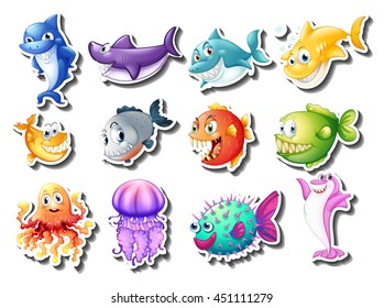 Conjunto de tiburones y de ilustraciones de peces