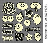Sticker set with smiley faces, emojis, and phrases like 