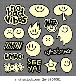 Conjunto de adesivo com rostos sorridentes, emojis e frases como 'sem vibrações ruins', 'OMG', 'YOLO' Divertido, expressivo e desenhos divertidos em um estilo retrô Adesivos Funky, conjunto vetorial