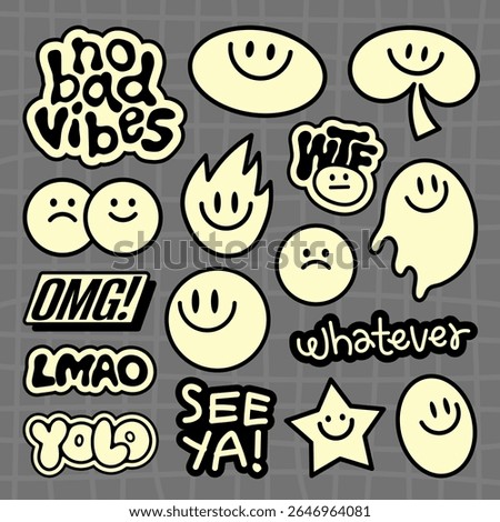 Sticker set with smiley faces, emojis, and phrases like 'no bad vibes', 'OMG', 'YOLO' Fun, expressive, and playful designs in a retro style Funky stickers, vector set