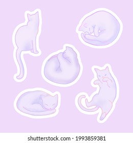 Sticker set of soft cute pastel cats on purple background. Vector EPS 10