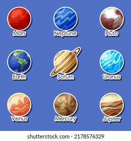 Sticker set of solar system planets in flat style. Vector illustration on the dark space sky.