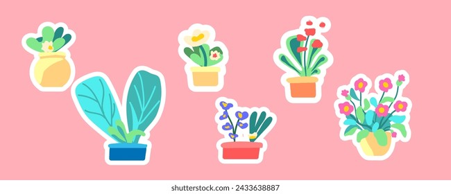 Sticker set of spring indoor plants. Flowers and leaves in the pot. Flowering plants. Blooming flowers and foliage. Flat graphic vector illustration on white background. Colorful hand drawn