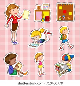 Sticker set with students and teacher illustration