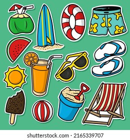 Sticker set Summer Beach Cartoon Vector