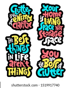 Sticker set template with hand drawn vector lettering about reasonable consumption, buying unnecessary things, decluttering, minimalistic lifestyle. Modern typography.