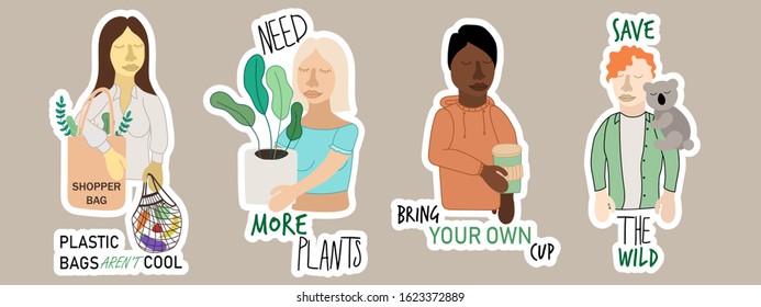 Sticker set templates with hand drawn lettering, need more plants, bring your own cup, save the wild, plastic bags aren't cool, vector illustration