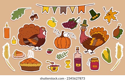 Sticker set Thanksgiving day. Traditional autumn harvest. Cartoon sticky label. Vector. Turkeys, pilgrim hat, pumpkin, fruit pie, apple, candles, wheat, wine, cranberries, corn, leaves, grapes.
