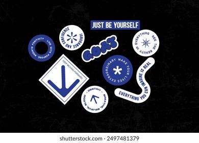 Sticker set typography vector template decorated with cartoon image and aesthetic quotes graphic design