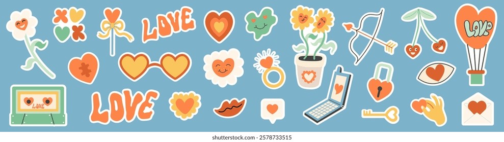 sticker set of valentines day elements in doodle style. Icons for decoration design mail posts postcards poster print invitation background backdrop wrapping wallpaper