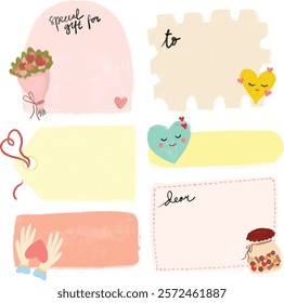 Sticker set valentines label gift present tag love heart colorful pastel party doodle funny cute illustration watercolor crayon print