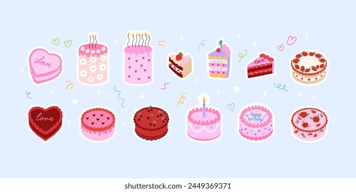 Sticker set of various cakes. Cute cakes with hearts, flowers, strawberries, cherries, candles etc.  Vector flat illustrations for greetings, birthdays and holidays