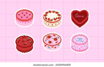 Sticker set of various cakes. Vector flat illustration on checkered background. Cute cakes with hearts, roses, strawberries and cherries