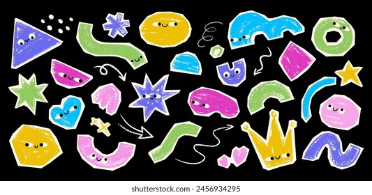 Sticker set of various cutout grunge crayon, charcoal, chalk abstract geometric shapes with face emotions. Cute funny characters in hand drawn trendy scribble style vector illustration for kids 