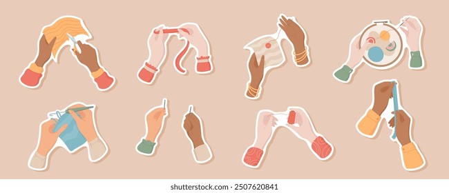 Sticker set of various hands sewing and tailoring. Different hand holds thread, needle, and thread spool, depicting activities like sew, embroidery, and craft. Perfect for tailor and sewing themes.