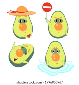 Aufkleber mit Vektorcute Avocado-Helden einzeln auf weißem Hintergrund. Emotion zeigt Bild.