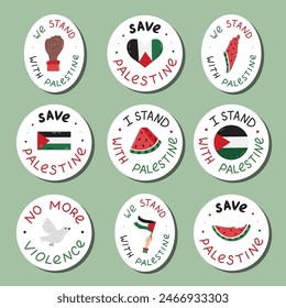 Sticker set of We Stand with Palestine emblems with lettering and hand drawn clipart. Watermelon slice, Gaza flag, fist, peace dove, heart. Ready for print list of cute stickers of Free Gaza concept.