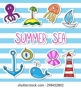 Sticker set of whale, boat, island, anchor, octopus, jellyfish, lighthouse painted in cartoon style with text "Summer sea". Vector illustration.