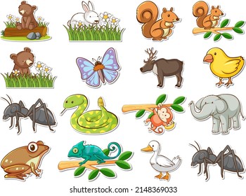 Sticker set of wild animals cartoon illustration