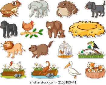 Sticker set of wild animals cartoon illustration