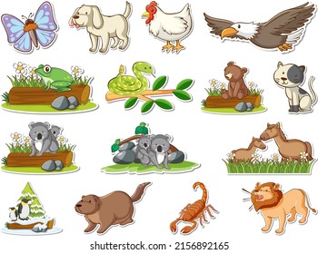 Sticker set of wild animals cartoon illustration