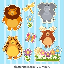 Sticker set with wild animals on blue background illustration