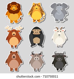 Sticker set with wild animals on gray background illustration