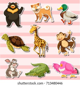 Sticker set with wild animals on pink background illustration