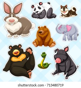 Sticker set with wild animals on blue background illustration