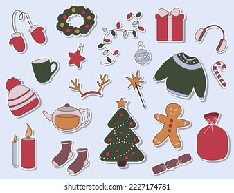 Sticker set with winter and cristmas elements. Hygge style