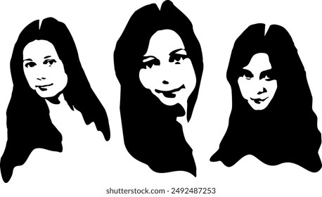 Sticker set with a woman's face. Stickers with different emotions. The position of the face. Halftone silhouettes. Icons for messages, creating an atmosphere, website, avatar. Vector