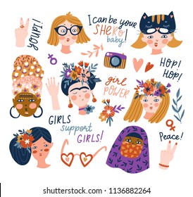 Sticker set of women of different nationalities and religions. Cute and funny girls characters. Feminism concept design. Vector illustration for International women day.