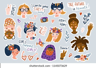 Sticker set of women of different nationalities and religions. Cute and funny girls characters with funny phrases. Feminism concept design. Vector illustration for International women day.