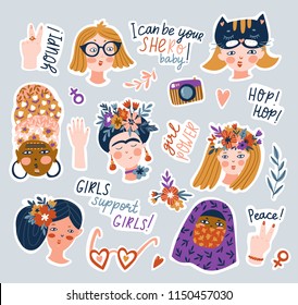 Sticker set of women of different nationalities and religions. Cute and funny girls characters. Feminism concept design. Vector illustration for International women day.