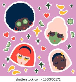 sticker set of women different nationalities. illustration for spa and beauty salon. green mask, cucumbers and eye patches.cosmetics and skincare procedure salon service candle. Face care concept