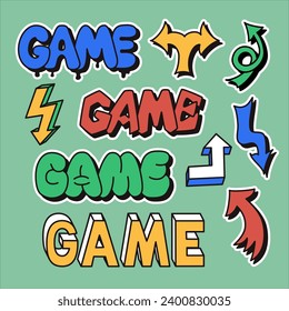 Sticker set word Game in vintage 90s style and different kind of arrows. Hand drawn lettering in bubble, street style graffiti and 2000s style. Square