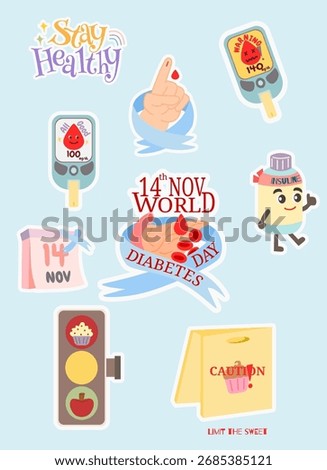 Sticker set of World Diabetes Day awareness elements in cute cartoon doodle style on blue background. Perfect for health campaign and educational material.