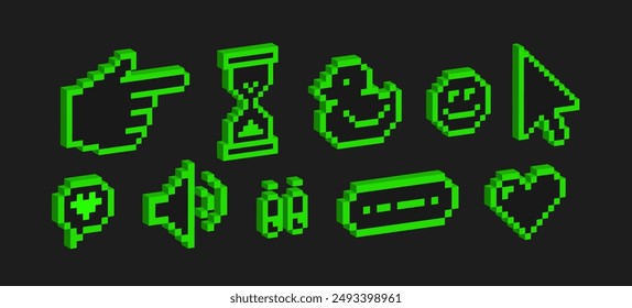 Sticker set in Y2k retro futuristic style. Playful Voxel art elements. Bold modern shape for posters, web. 3d Neon Pixel art. Geometric simple shapes. Cool Naive design elements. Brutalist, fluoricent